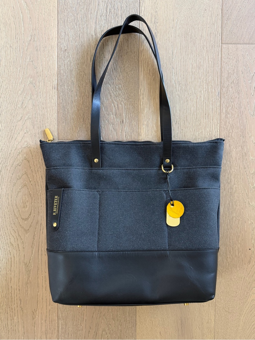R. Riveter HARRIET TOTE BAG in Black Washed Canvas + Black Leather